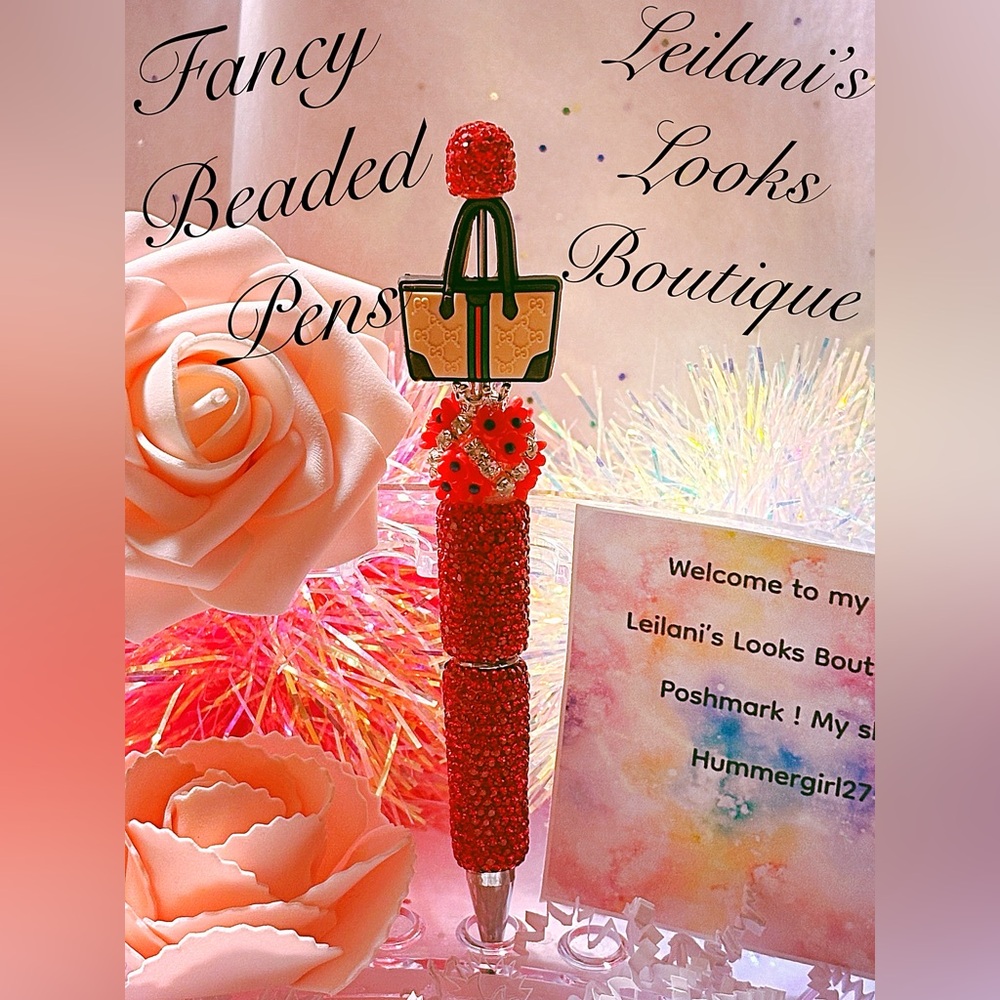 Fancy beaded pen/gifts/cream purse/red flower beads/